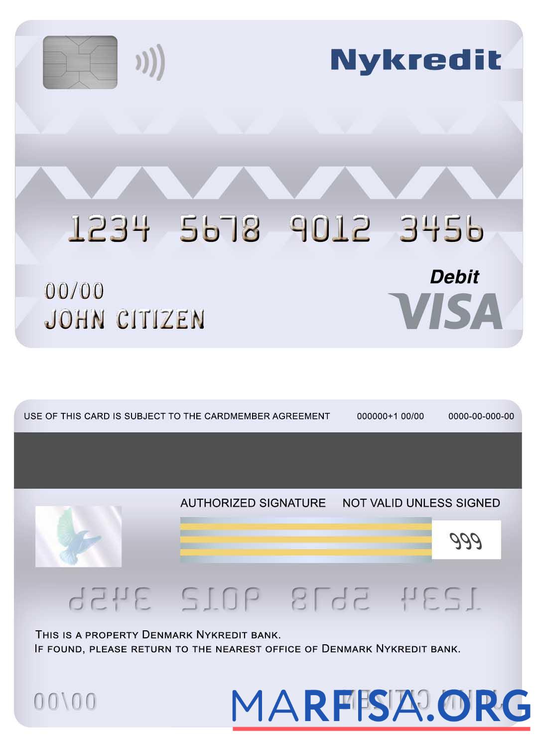 Blank Denmark Nykredit bank visa debit card example